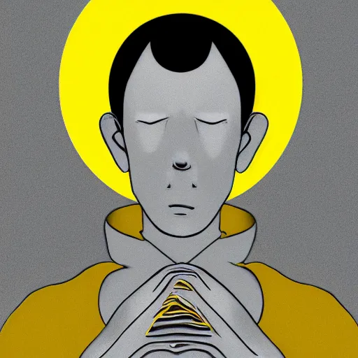 Image similar to Close up of a young, thin and stern catholic priest in his thirties fervently praying as he is about to die from the ominous Lovecraftian yellow shadow descending upon him from the night sky. The yellow shadow feels very oppressive and terrifying. Low angle, dramatic lighting. Award-winning digital art, trending on ArtStation