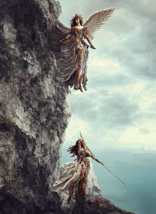 Image similar to high intricate porcelain baroque angelic warrior standing on the edge of a cliff, maria panfilova, andrea savchenko, mike kime, ludovic plouffe, qi sheng luo, oliver cook, trending on artstation
