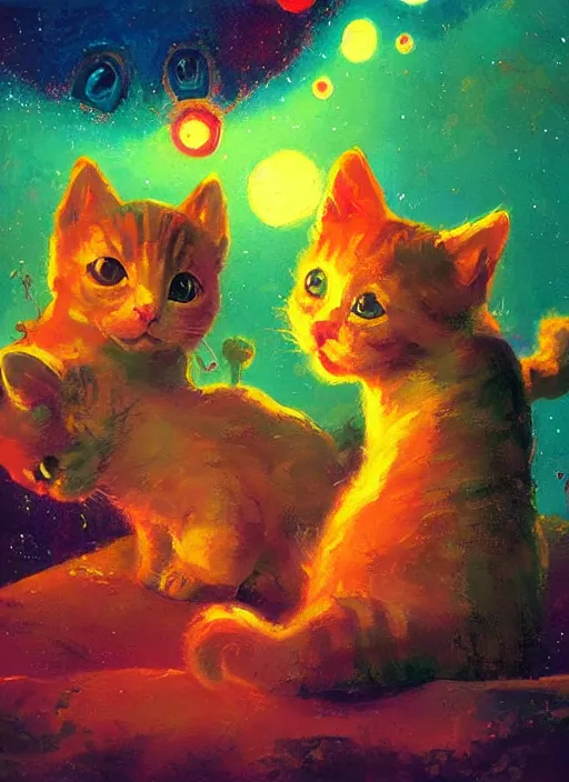 Image similar to colourful painting of two cute little kitties, art in paul lehr style, wide shot, bright, soft lighting, focus, masterpiece art - w 7 0 4