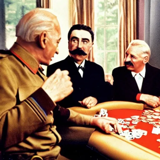 Prompt: UHD candid color photo of Joseph Stalin playing poker with Joe Biden and Hitler, accurate faces, UHD, photorealistic, correct face, photo by Annie Leibowitz