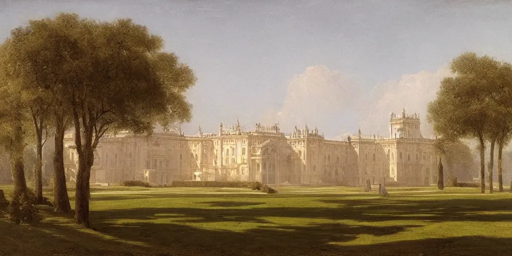 Prompt: the massive! palace in the middle of a field, fountains!!! by william stanley haseltine! fog! - h 6 3 0