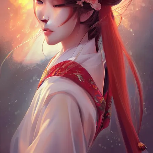 Prompt: A realistic anime portrait of a beautiful kitsune woman with a human face wearing a kimono, digital painting, by Stanley Artgerm Lau, WLOP, and Rossdraws, digtial painting, trending on ArtStation, deviantart