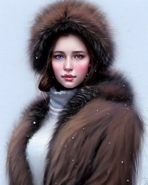 Image similar to a beautiful siberian girl with bear fur coat with beautiful decollete | | winter, realistic shaded, unpleasant face, bad looking, fine details, realistic shaded lighting poster by greg rutkowski, magali villeneuve, artgerm, jeremy lipkin and michael garmash and rob rey