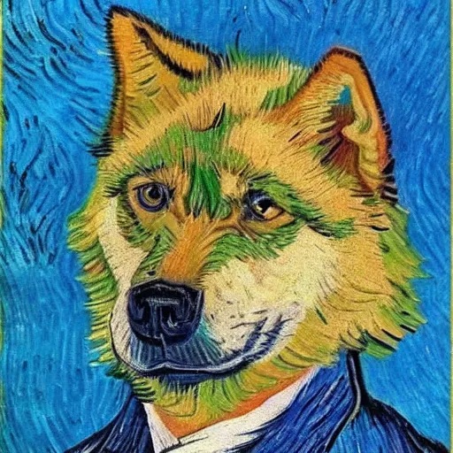 Image similar to retarded wolf portrait, van gogh, complimentary colors