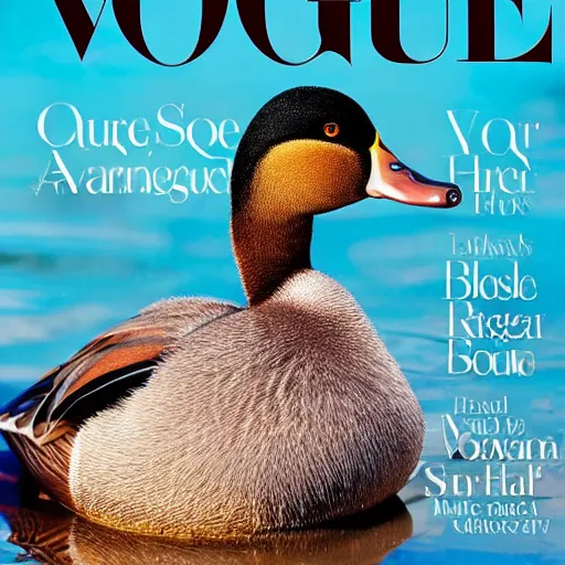 Prompt: a magnificent duck on the cover of vogue magazine