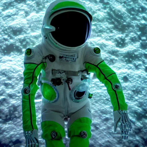 Prompt: skeleton inside a spacesuit in the ocean, green tint, feeling of dread, photo, 4k, very grainy