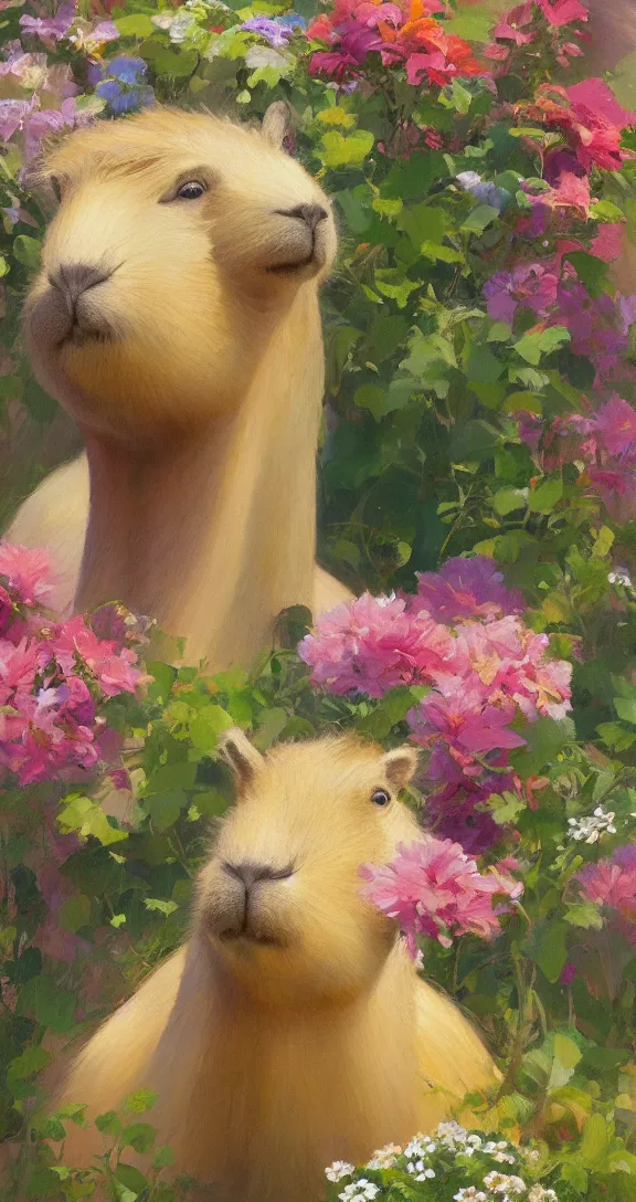 Prompt: romantic detailed portrait of a capybara surrounded by beautiful flowers, by gregory manchess, james gurney, james jean