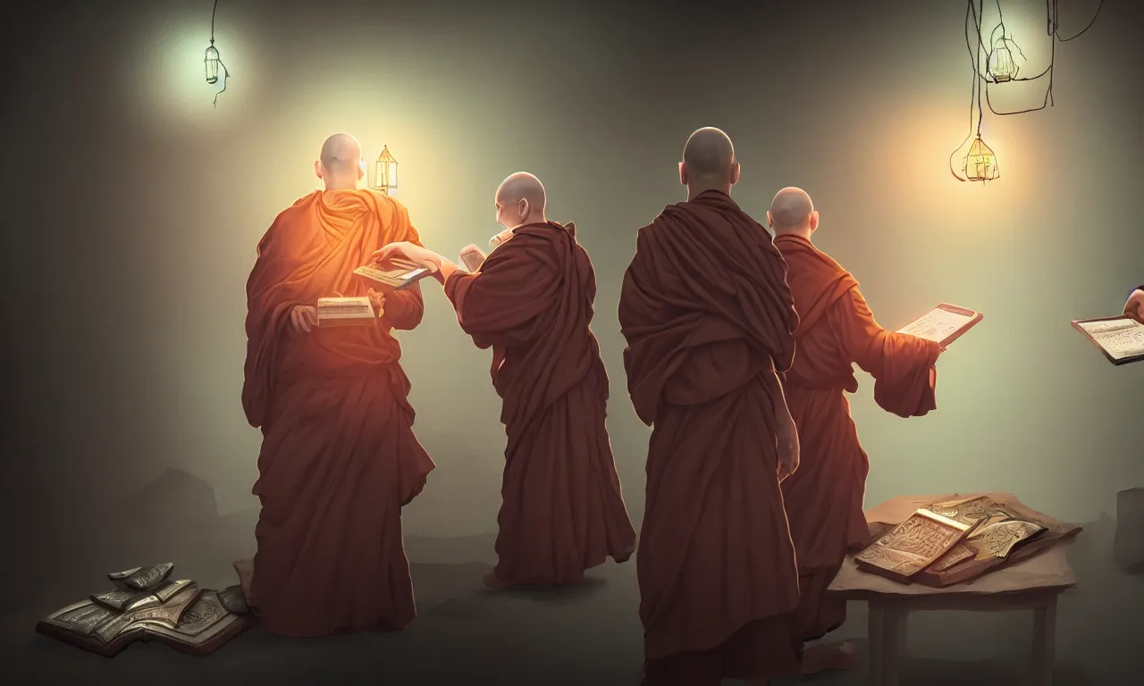 Prompt: monks in distrust, kerberos realm, service ticket close up, wizard reading a directory, nordic pastel colors, abandoned railroad, 3 d art, digital illustration, perfect lighting