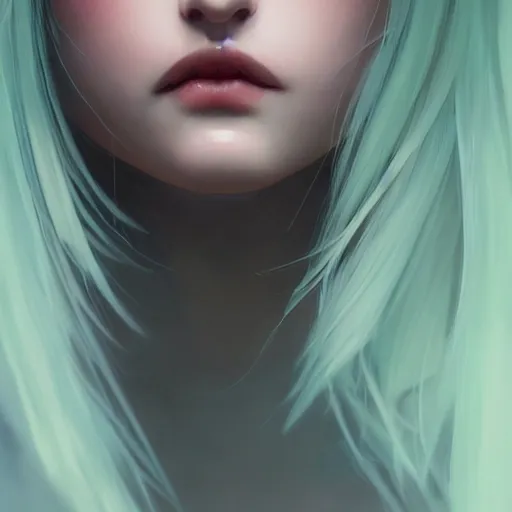 Image similar to very cool girl blonde hair black back, mint higlights, strong eyelashes, cute nose and lips makeup, nose piercing, detailed portrait, intricate complexity, by greg rutkowski, artgerm, ross tran, conrad roset, takato yomamoto, ilya kuvshinov. 4 k, beautiful, cinematic dramatic atmosphere