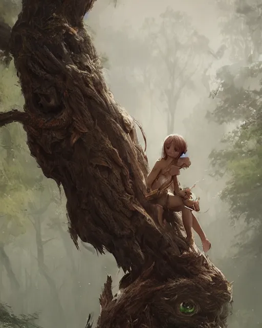 Image similar to A portrait of a cute monster on a tree trunk by Greg Rutkowski, Sung Choi, Mitchell Mohrhauser, Maciej Kuciara, Johnson Ting, Maxim Verehin, Peter Konig, final fantasy, 8k photorealistic, cinematic lighting, HD, high details, dramatic, atmospheric , trending on artstation