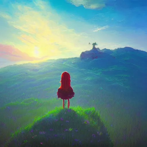 Image similar to closeup, giant flower head, girl standing on cliff, surreal photography, sunrise, blue sky, dramatic light, impressionist painting, digital painting, artstation, simon stalenhag