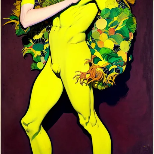 Image similar to art by joshua middleton, the yellow creeper, a tall manically smiling yellow - skinned man with green and black striped cycling shorts and wearing a long red feather boa, yellow makeup, mucha, kandinsky, poster, comic art, stylised design