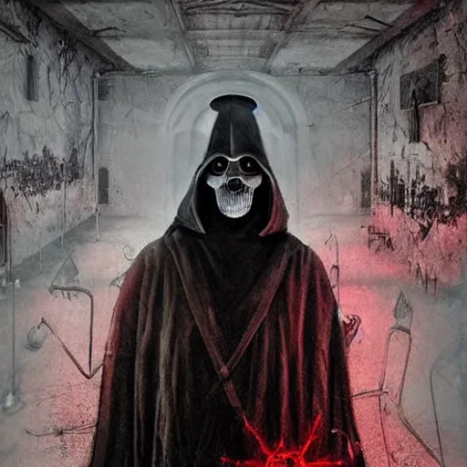 Image similar to an unholy plague doctor in a scary insane asylum, red lighting, x-ray, far away shot, stage design, Symmetrical composition, occult, evil, creepy, ominous, matte painting, cinematic, gustave dore and Johan Grenier art style, super detailed, evil colors with a trippy contrast, glitch art boarders