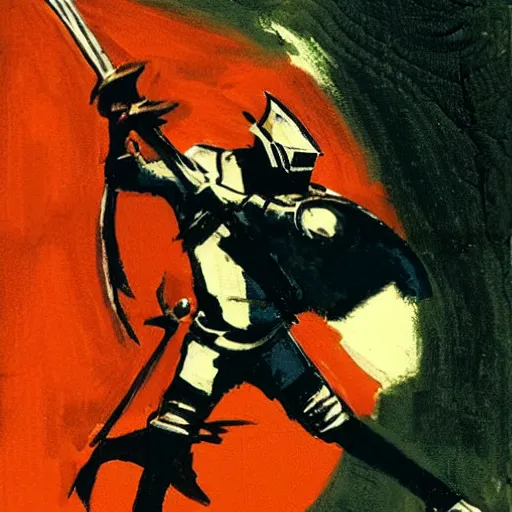 Prompt: Crying knight impaling comrade with sword in the style of Jeffrey Catherine Jones