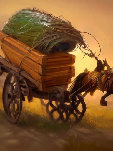 Image similar to a tinker carrying a giant wagon full of trinkets and hanging artifacts. intricate, elegant, highly detailed, digital painting, artstation, concept art, sharp focus, illustration, by justin gerard and artgerm, 8 k