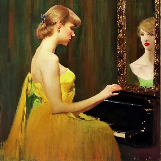 Prompt: Taylor Swift singing to her reflection, mirror, 1950s, modest, elegant clothing, tiara, mild impressionism, award winning, photorealistic, by Ilya Repin