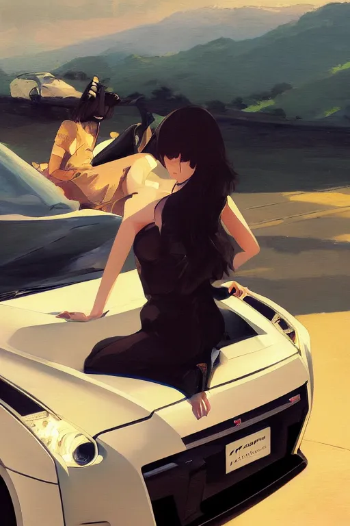 Prompt: A ultradetailed beautiful panting of a stylish woman sitting on a Nissan GTR, Oil painting, by Ilya Kuvshinov, Greg Rutkowski and Makoto Shinkai