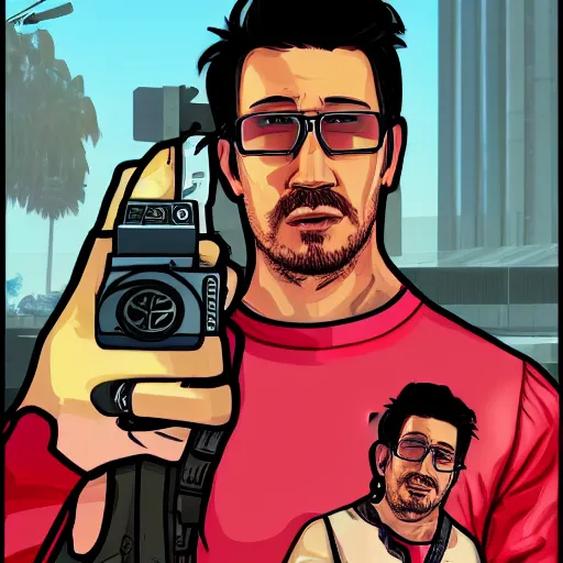 Image similar to Markiplier in a GTA 5 cover art style, highly detailed, trending on art station