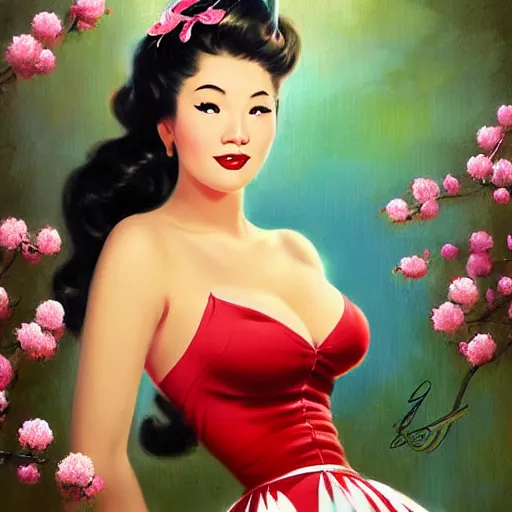Image similar to pin - up fullbody portrait of a beautiful young asian woman, pretty long hair, intense flirting, showing curves, symmetrical face, digital art, smooth, extremely detailed, model pose, intense look, dream, cherry blossoms, gorgeous young model, traditional beauty, pretty, by wu bayard, by gil elvgren, by ralph horsley, by hanks steve