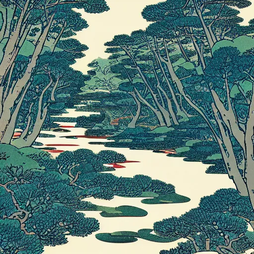 Image similar to illustration of a river lined with trees, terrazzo texture, by hokusai and james jean