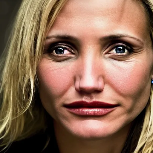 Prompt: close - up 2 0 year old cameron diaz, moody lighting, 8 k, shallow depth of field, cinematic lighting,