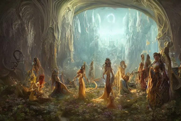 Image similar to the muses. sacred singers they who took up the strings of the deep, and turned the cacophony of an angry world into songs of unity and peace. morning lighting, cinematic fantasy painting, dungeons and dragons, jessica rossier and brian froud