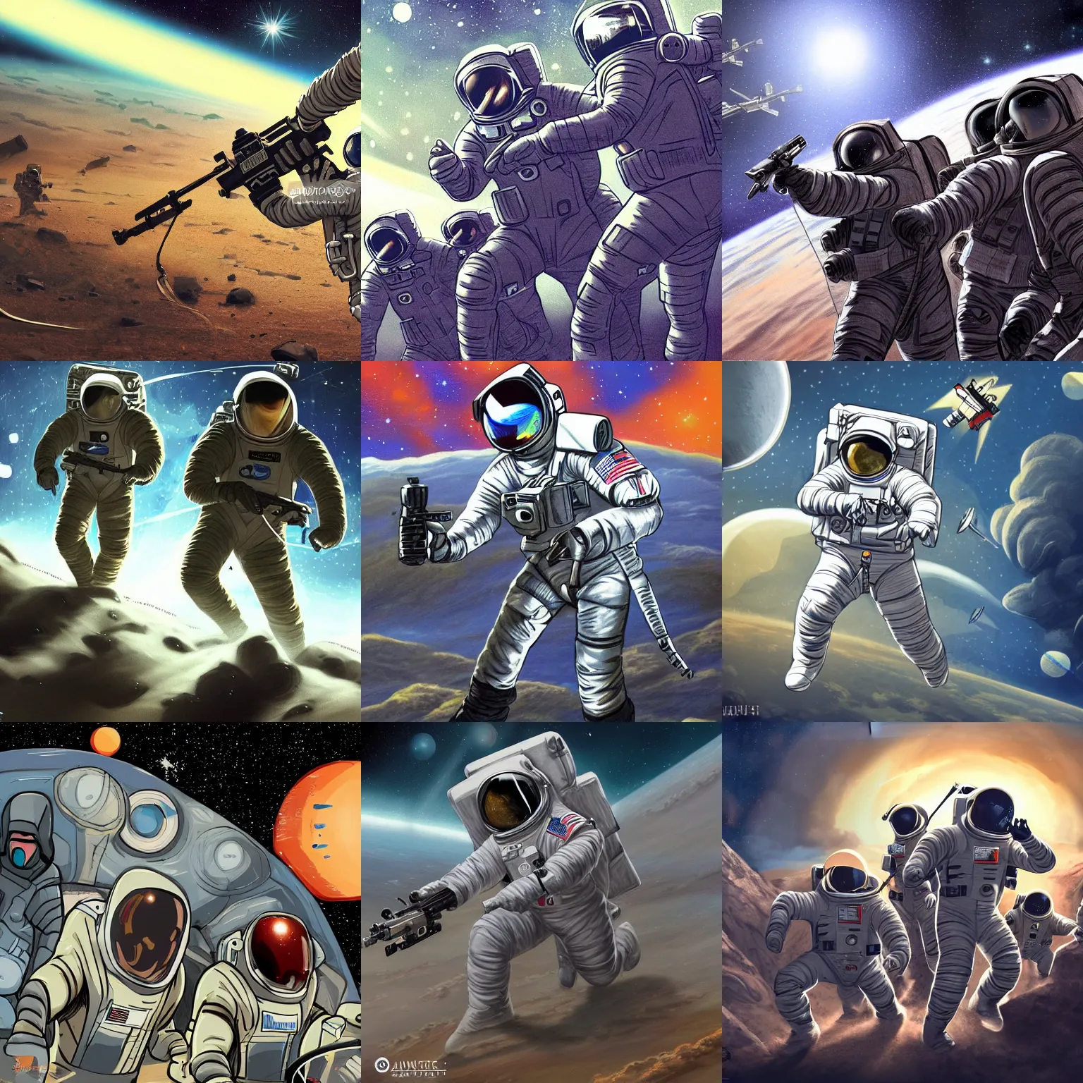 Prompt: an astronaut shoot a group of soilder in the space. trending on art station.