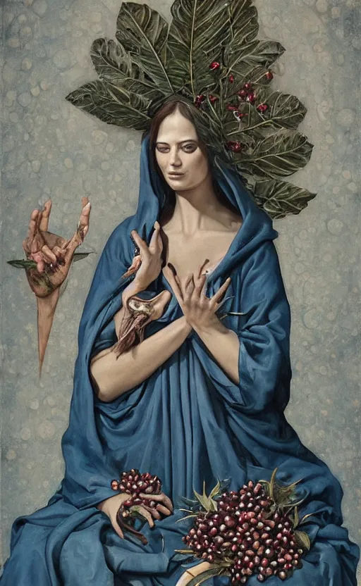 Prompt: a painting of a woman in plain blue robes, hands in lap with scroll, lunar crescent, horned diadem, large cross on chest, palm leaves, pomegranates, a surrealist painting by marco mazzoni, peter mohrbacher, cgsociety, neo - figurative, detailed painting, rococo, oil on canvas, biomorphic, lovecraftian