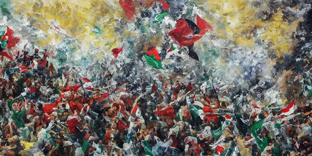 Image similar to dramatic oil painting of freedom for palestine, red green white black