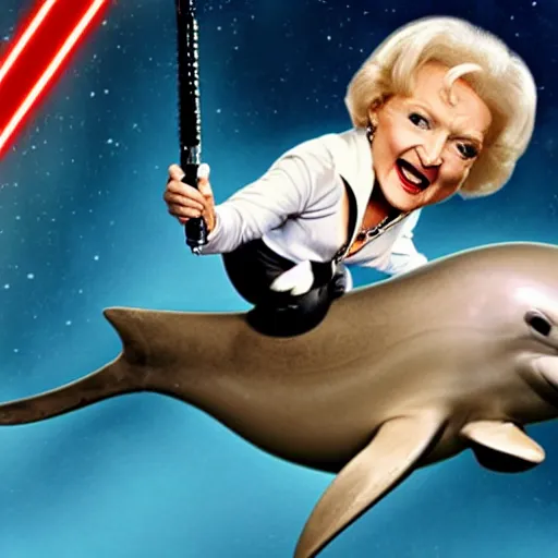 Prompt: betty white straddling a dolphin in space, wielding dual lightsabers