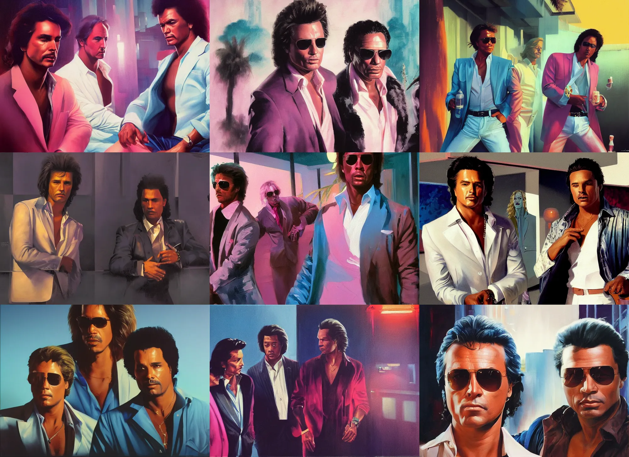 Image similar to a portrait painting of eighties miami vice, night club, don johnson and philip michael thomas, ultra realistic, highly detailed faces, true life, 8 k, masterpiece, cinematic, by frank frazetta, greg rutkowski, yoko taro, christian macnevin, beeple, wlop, krenz cushart, epic character art, volumetric lighting