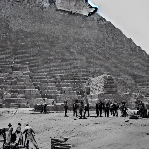 Prompt: a photograph of the great pyramid of giza at the early stages of construction with scaffolding and workers, dslr high resolution