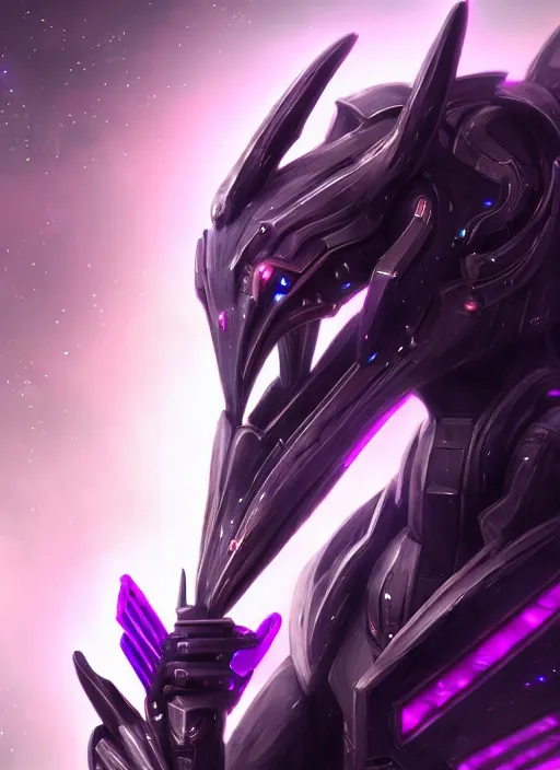 Image similar to cinematic goddess close shot, beautiful stunning anthropomorphic robot mecha female dragon, detailed maw, metal ears, led purple eyes, smooth fuschia skin, smooth silver armor, floating in space, holding a galaxy, epic proportions, epic size, epic detail, furry art, dragon art, giantess art, warframe fanart, furaffinity, octane