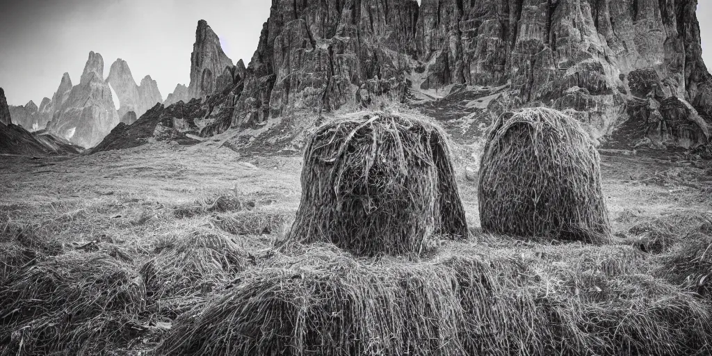 Image similar to photography of wood hay monsters, edelweiss growing from their head, forest, dolomites, alpine, detailed intricate insanely detailed octane render, 8k artistic 1920s photography, photorealistic, black and white, chiaroscuro, hd, by David Cronenberg, Raphael, Caravaggio