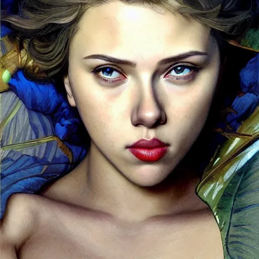 Image similar to Young Scarlett Johansson, highly detailed, digital painting, artstation, concept art, smooth, sharp focus, illustration, ArtStation, art by artgerm and greg rutkowski and alphonse mucha and J. C. Leyendecker and Edmund Blair Leighton and Katsuhiro Otomo and Geof Darrow and Phil hale and Ashley wood and Ilya repin and Charlie Bowater