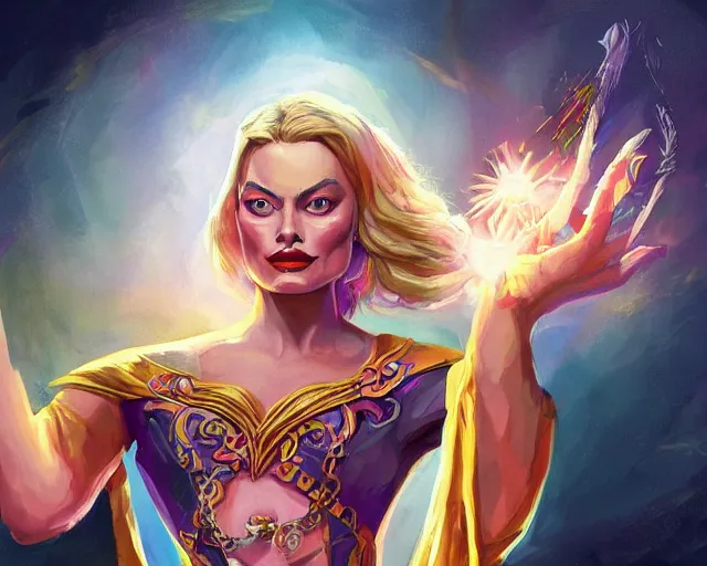 Image similar to margot robbie as a strong fantasy magician who does magic, colorful spells, fantasy art, in the style of Fernando Juarez, illustration, epic art, fantasy, intricate, elgant, amazing detail, digital painting, artstation, concept art, smooth, sharp focus