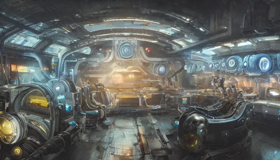 Image similar to the inside of a futuristic mechanic spaceshop coc, highly detailed interior, half - finished robot, holographic screen in center frame by peter mohrbacher, dieselpunk, cryengine render, hyper realism, realistic shading, cinematic composition, realistic render, octane render, detailed textures, photorealistic, wide shot, fanciful, colorful