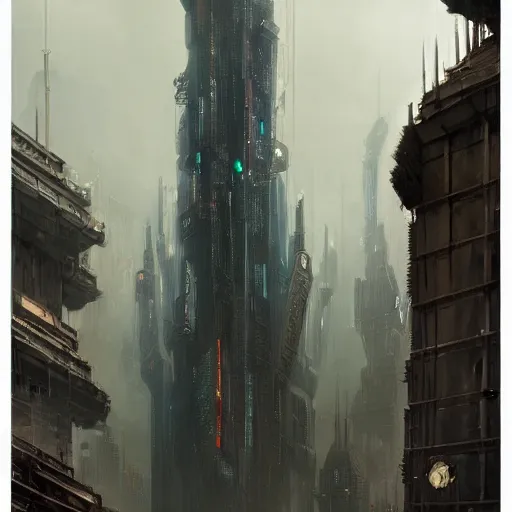 Image similar to highly detailed concept art of monumental huge tower in the cyberpunk city center trending on Artstation by Daniel Dociu and Greg Rutkowski, high quality, nomadic urbanism, sci-fi, futuristic, architecture