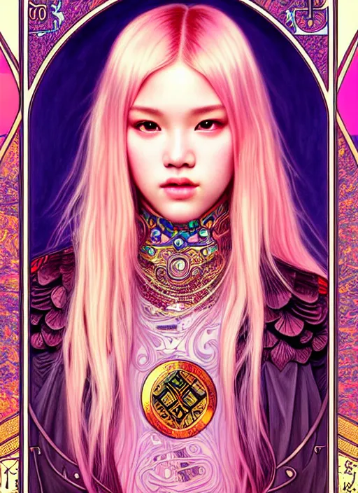 Image similar to jossi of blackpink, king, tarot card, highly detailed, digital painting, smooth, sharp focus, illustration, ultra realistic, 8 k, art by artgerm and alphonse mucha