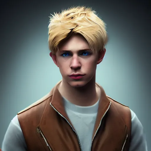 Prompt: A videogame portrait of a blond young Irish man. Dressed in 1980s style. Highly detailed, fine Art, high detail, great lighting, 8k resolution, masterpiece, concept art, illustration, clear eyes, painting oil on canvas, octane render, HDR, trending on artstation, 4k, 8k, HD