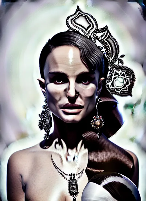 Image similar to portrait photograph of an absurdly beautiful, graceful, sophisticated, fashionable woman, natalie portman, facial tattoos, in the style of irakli nadar and alexandre ferra and popovy sisters, intricate linework, white porcelain skin, faberge, intricate chrome chains, dark atmosphere, unreal engine 5 highly rendered, global illumination, radiant light, detailed and intricate environment