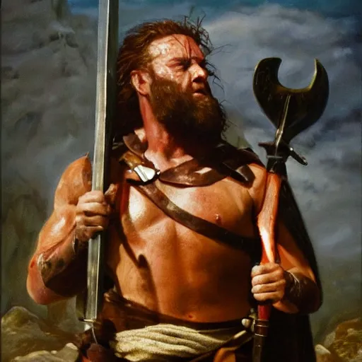 Image similar to Detailed hyper-realistic oil painting of William Wallace holding a Scottish claymore sword with one foot on a rock, 4K