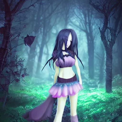 Prompt: portrait of darkness witch as an anime girl, dark forest background, inspired by Tim Burton, digital painting, unreal engine render, volumetric light, high détail