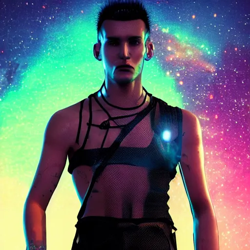 Image similar to A beautiful boy wearing a black mesh crop top and black shorts standing in a mad max cage. The boy is surrounded by a colorful nebula. Cyberpunk, Digital Art, unreal engine 5, 50mm, f2.8