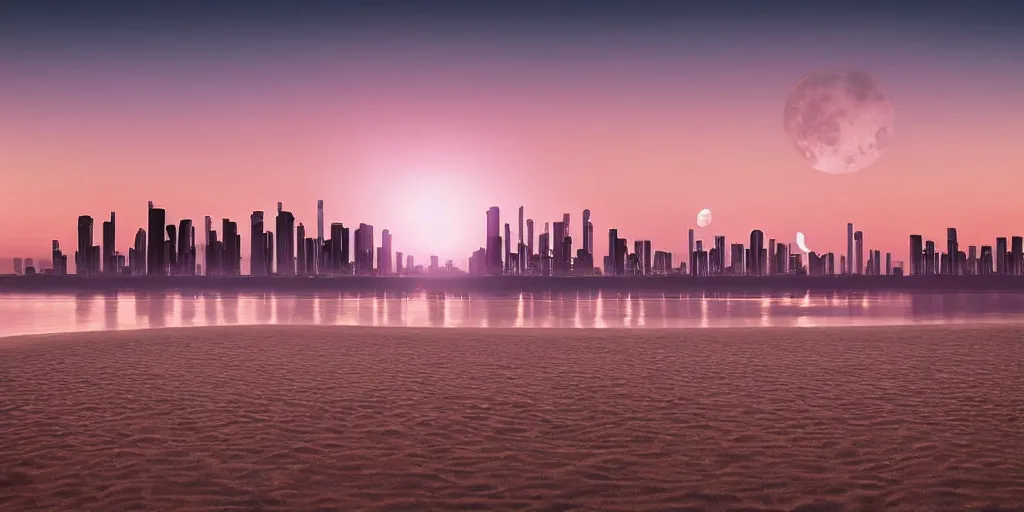 Prompt: a high detail photograph of a sunset at a beach, cyberpunk city in the distance, night time, two moons in the sky, realism, 8 k, award winning photograph