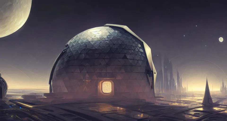 Image similar to cinematic shot, futuristic city on the moon inside a giant geodesic dome, utopian, night, stars, digital painting, artstation, concept art, smooth, sharp focus, illustration, intricate, elegant, highly detailed, in the style of greg rutkowski and alphonse mucha and artemisia, 8 k, highly detailed, jurgens, rutkowski
