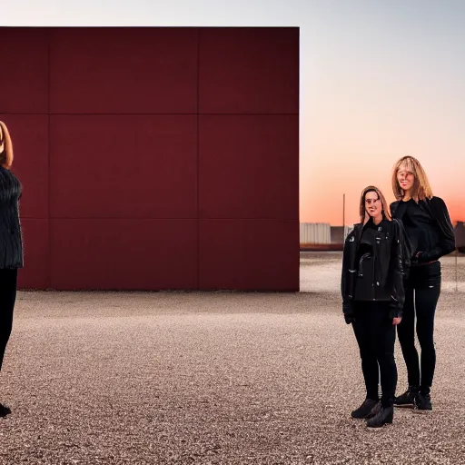 Image similar to photographic portrait of 2 clones in front of a brutalist metal building, 2 techwear women, on a desolate plain, red sky, sigma 8 5 mm f / 1. 4, 4 k, depth of field, high resolution, 4 k, 8 k, hd, full color