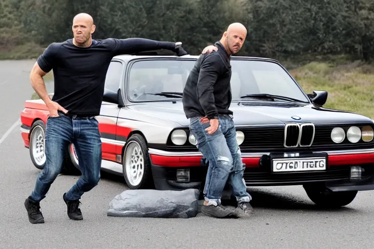 Image similar to Angry Jason Statham lifts BMW e30 that sits above him