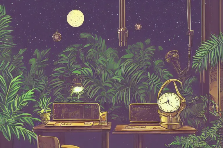 Prompt: Small desk at night with desklamp inside a steampunk machine room with lush vegetation growing around the machines, tropical trees, large leaves, flowers, beautiful starry night sky showing thought the windows, beatifully lit, vintage science fiction illustration