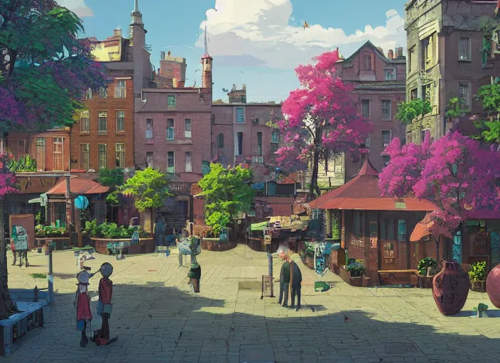 Prompt: dublin townsquare, summer morning, very coherent and colorful high contrast, art by gediminas pranckevicius, geof darrow, makoto shinkai, dark shadows, hard lighting